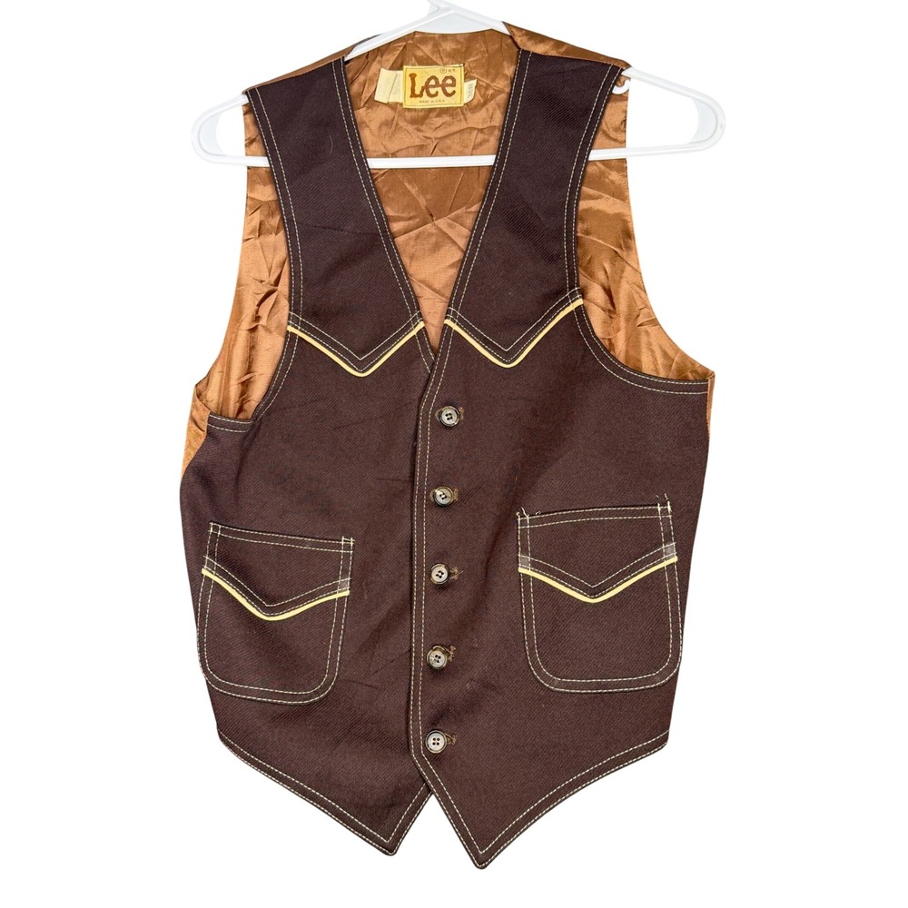 Vintage Lee Mens Brown Western Vest 38R Made in USA 70s Cowboy Contrast Stitch